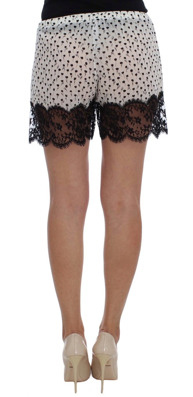 White Black Floral Lace Silk Sleepwear Shorts - m