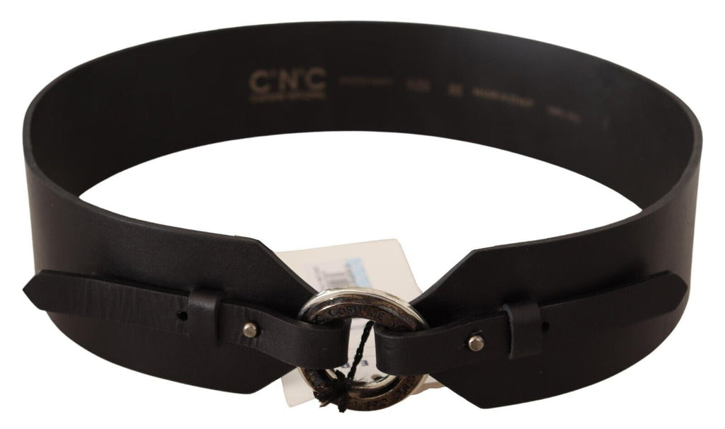 Black Leather Silver Round Buckle Belt - 85-cm-34-inches