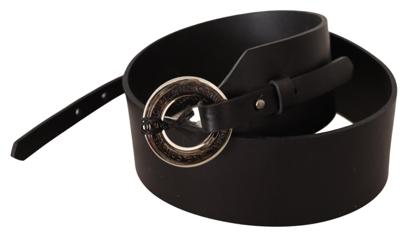 Black Leather Silver Round Buckle Belt - 85-cm-34-inches