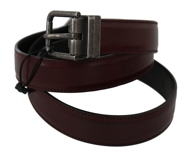 Men Bordeaux Leather Belt with Gray Brushed Buckle - m