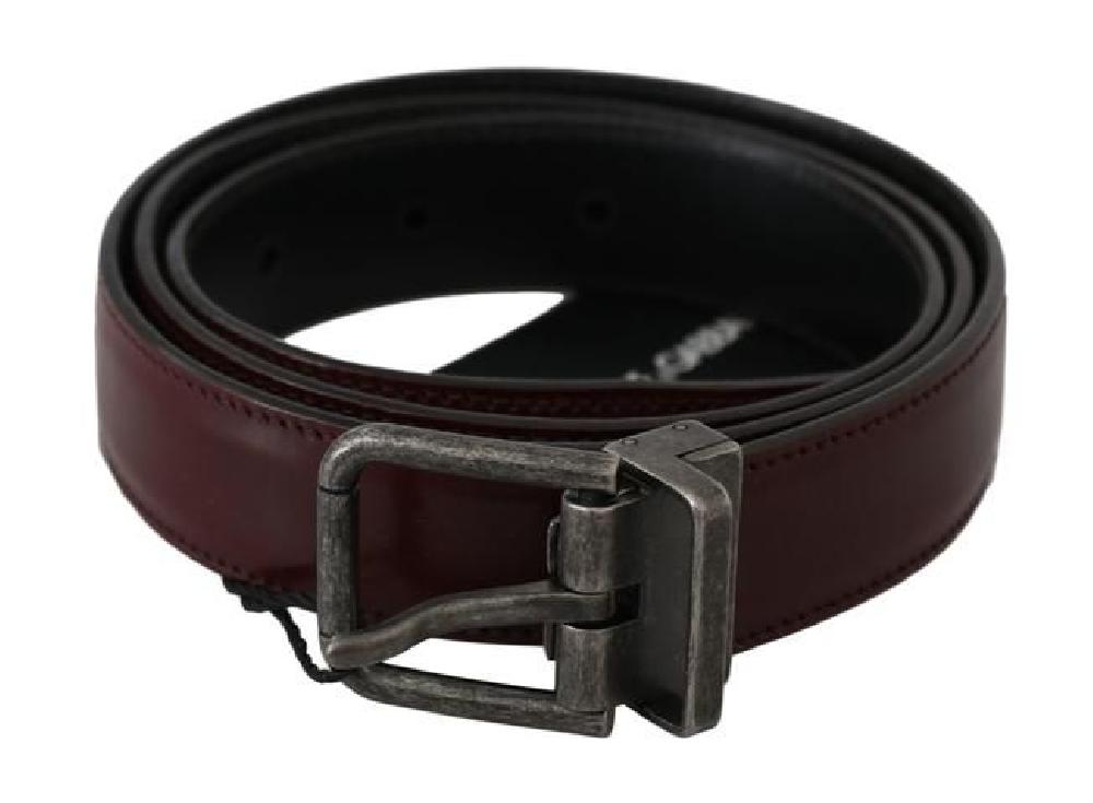 Men Bordeaux Leather Belt with Gray Brushed Buckle - m