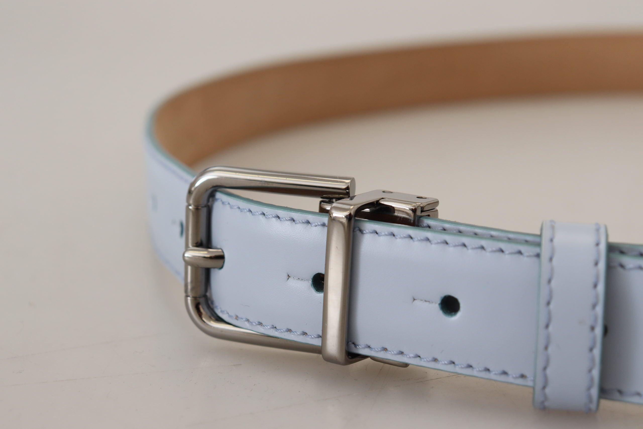 Light Blue Leather Silver Tone Metal Buckle Belt - 90-cm-36-inches