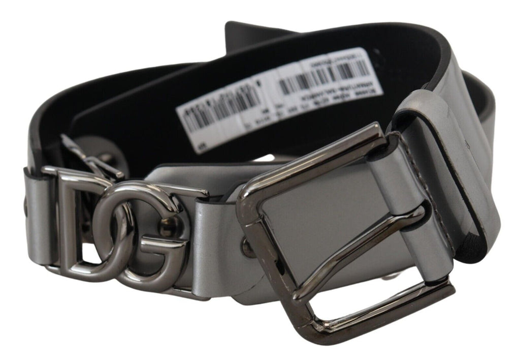 Metallic Silver Leather DG Logo Metal Buckle Belt - 90-cm-36-inches