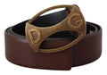 Brown Leather Gold Logo Metal Oval Belt - 90-cm-36-inches