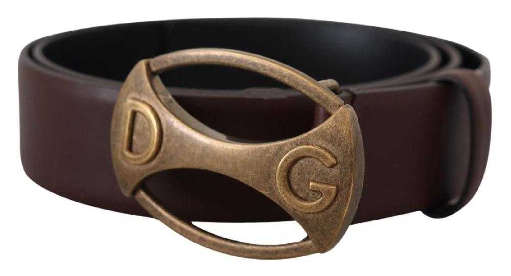 Brown Leather Gold Logo Metal Oval Belt - 90-cm-36-inches