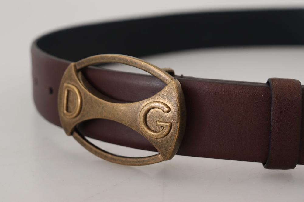 Brown Leather Gold Logo Metal Oval Belt - 90-cm-36-inches