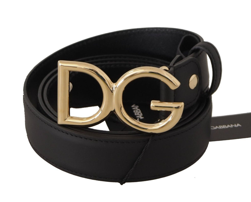 Black Leather Gold Metal DG Logo Waist Buckle Belt - 85-cm-34-inches