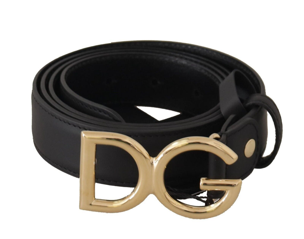 Black Leather Gold Metal DG Logo Waist Buckle Belt - 85-cm-34-inches