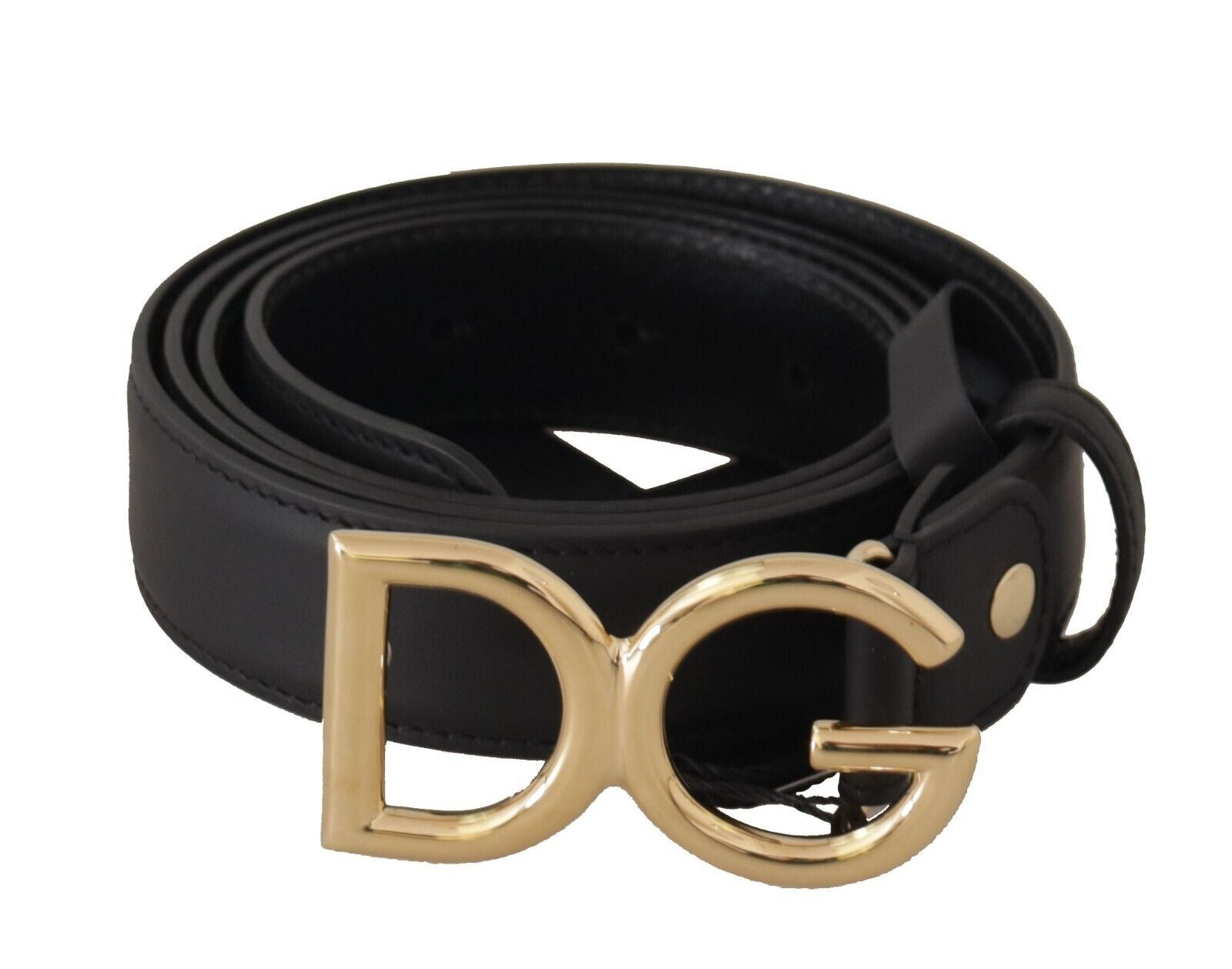 Black Leather Gold Metal DG Logo Waist Buckle Belt - 75-cm-30-inches