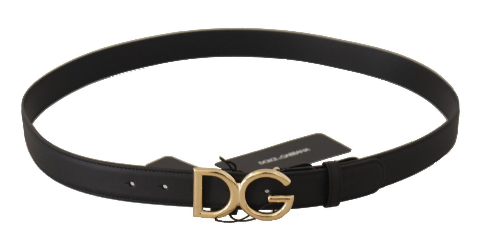 Black Leather Gold Metal DG Logo Waist Buckle Belt - 75-cm-30-inches