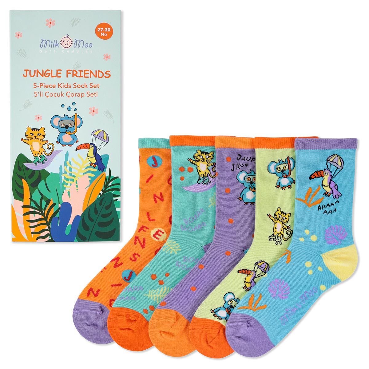 Milk&Moo Set calzini bambini multicolor Jungle Friends 5 paia taglia 27-30