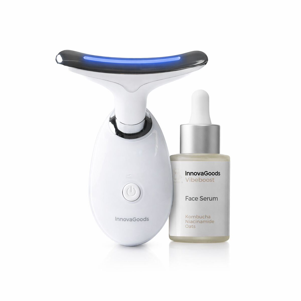 Pack Massaggiatore Viso Rassodante con LED, EMS e Calore e Siero Viso Kombucha Vibeboost 30 ml InnovaGoods