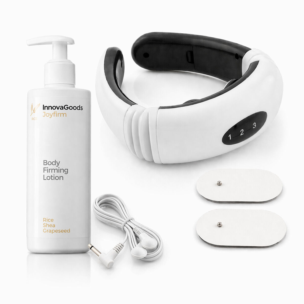 Pack massaggiatore collo e schiena elettromagnetico e lozione corpo rassodante Rice Joyfirm 250 ml InnovaGoods